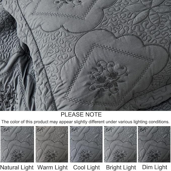 Cmfshape Floral Embroidery Quilt Set,3 Pieces Queen Quilt Bedding Set,Classic Diamond Pattern Quilts,Ultra Soft Lightweight Reversible Bedspread Coverlets for All Season(Grey,90"x90")