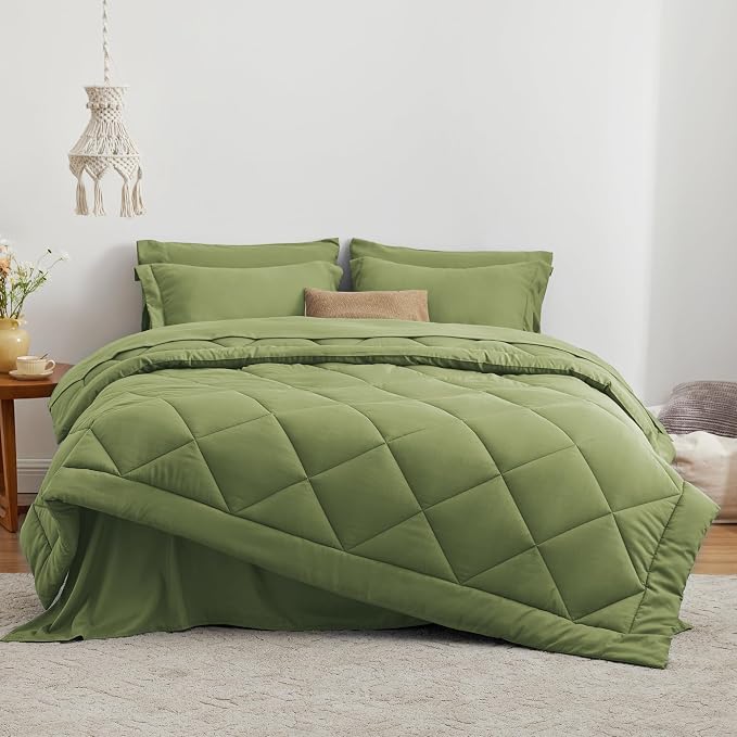 Love's cabin Twin Comforter Set Olive Green, 5 Pieces Twin Bed in a Bag, All Season Bedding Sets with 1 Comforter, 1 Flat Sheet, 1 Fitted Sheet, 1 Pillowcase and 1 Pillow Sham