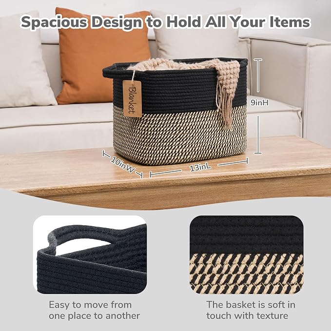 Goodpick Woven Storage Basket for Shelves, Rectangle, Black & Jute | 13" × 10" × 9" Stylish Gift Basket for Home Decor, Wicker Baskets for Shoes, Toys & Books Storage, Reinforced Handles