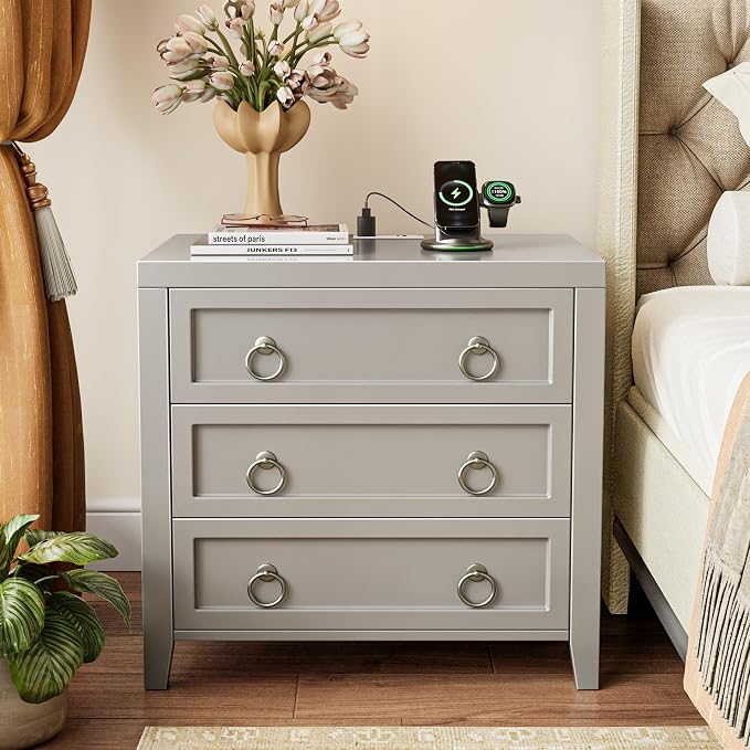 Huuger Paint Night Stand with Charger Station, 3 Drawer Nightstand Set of 2 | Larger Wider Bedside Table with USB-C Port, Modern End Table, for Bedroom, Living Room, Grey Nightstand
