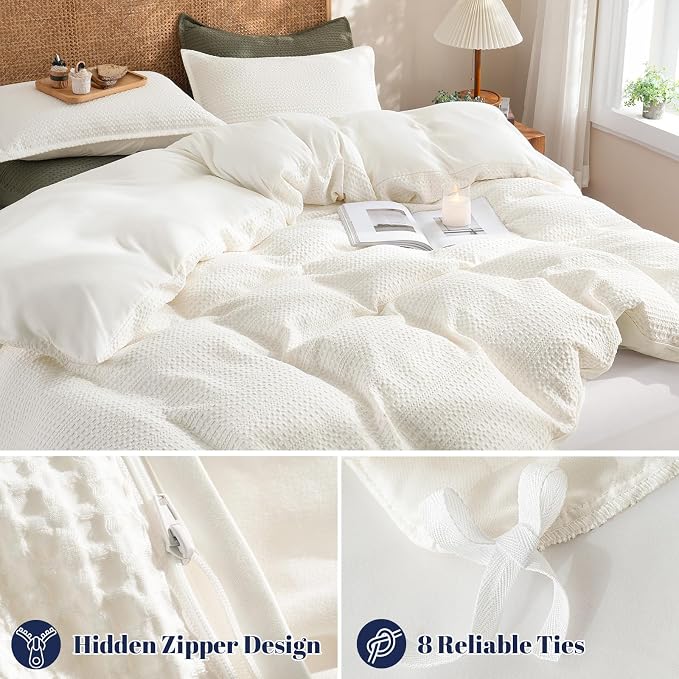 PHF Soft Waffle Duvet Cover Queen Size- Durable Breathable Waffle Weave Duvet Cover(90"x90") with 2 Pillow Shams, 3 Pieces Luxury Textured Bedding Set for All Season, Cream