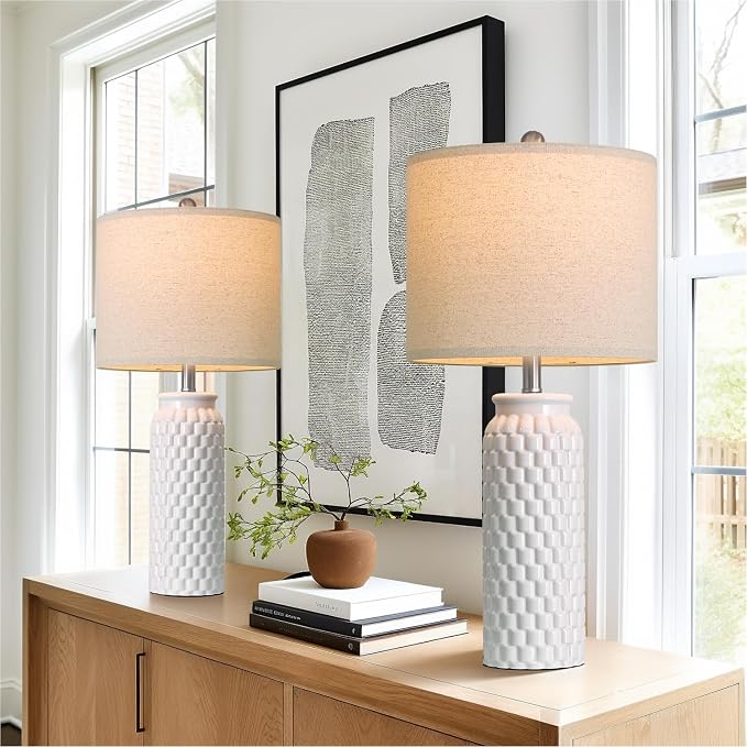 USumkky 27" Ceramic Table Lamps Set of 2 - Modern Farmhouse & Boho Style, Bedside Nightstand Lamps for Bedroom, Living Room End Table Lamps, Small Desk Lamp(White)