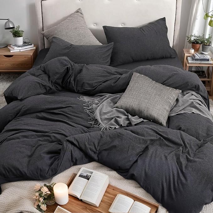 PURE ERA Jersey Knit Sheet Set Heather Charcoal Grey Queen | 100% Cotton, 3 Piece Set, T Shirt Soft, Breathable, Envelope Closure Pillowcases, Hidden Zipper, 8 Ties, No Insert, Modern