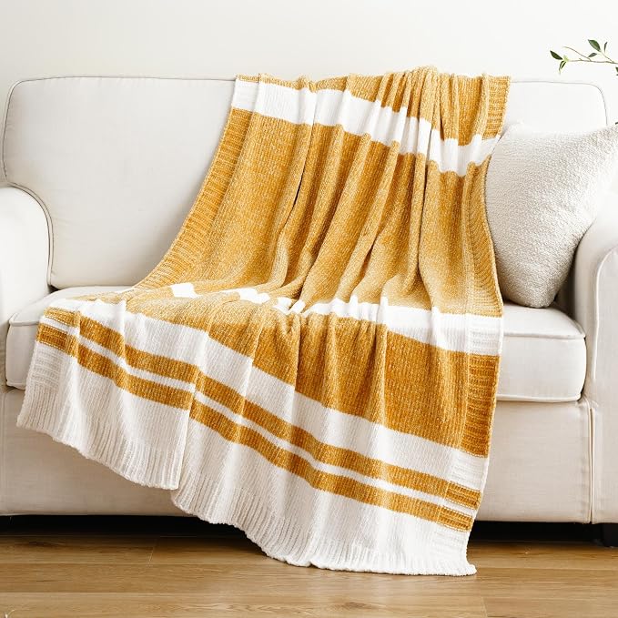 BATTILO HOME Mustard Yellow Throw Blanket for Couch, Soft Chenille Throw Blanket Knit Throw Blankets for Bed, Sofa,Chair, Farmhouse Throw Blankets, Fall Throw Blanket,51"x67"
