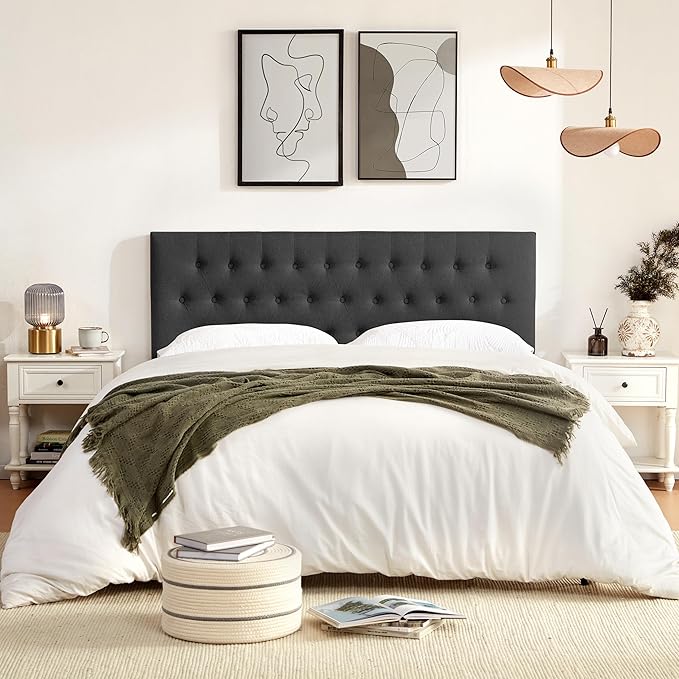 Tufted Upholstered Headboard King Size, Adjustable Height 37- 51 in, Black | Sturdy and Durable Solid Wood Bed Headboard, Fabric King Headboard Only, Modern Button Diamond Design Head Board