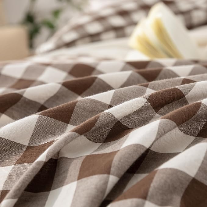 BESTOUCH Gingham Cotton Duvet Cover Set Cocoa Brown Oversized Full | Washed Cotton, Linen Feel, Soft Wrinkle Texture, Hidden Zipper, 8 Ties, Breathable Lightweight Durable Comfy, 3 Pcs No Insert