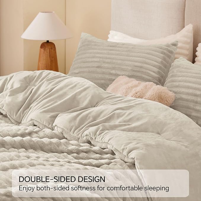 BEDELITE Fleece King Comforter Set, Fluffy Bed Set, Linen | Super Soft & Warm Bedding, Luxury Fuzzy Faux Fur Comforter for Winter, Heavy Plush Bedding, with 2 Pillowcases
