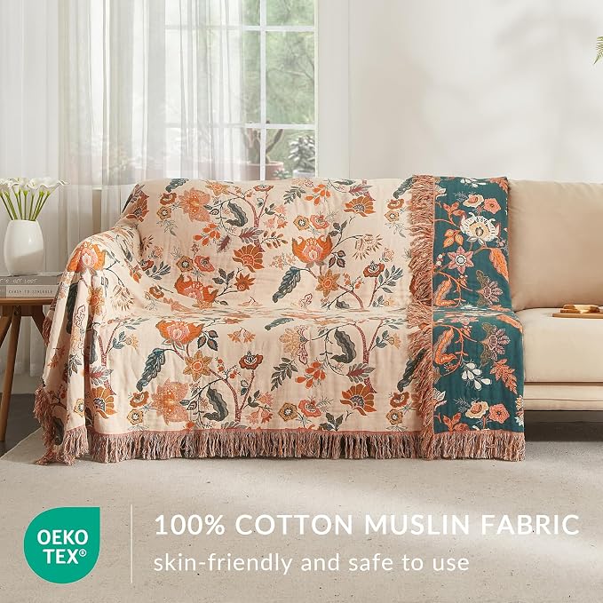 Boho Throw Blanket for Couch Sofa Bed, 100% Cotton Woven Quilt with Tassel 50”x60”, Super Soft Muslin Blanket with Floral Printed, Decorative Reversible Bed Blanket/Cover for All Seasons