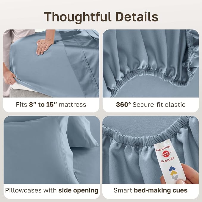 California Design Den 600 Thread Count Split King Bed Sheet Set, 5 Pcs Set | 100% Cotton Sateen, Good Housekeeping Seal, Split King Sheets Sets for Adj. Bed with 2 Sep. Twin-XL Mattresses - Pastel Blue