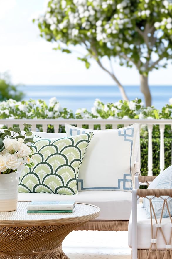 Hofdeco Premium Coastal Patio Indoor Outdoor Throw Pillow Cover Only, 20"x20" Water Repellent for Backyard, Couch, Green Print Tropical Ravenala Palm Tree