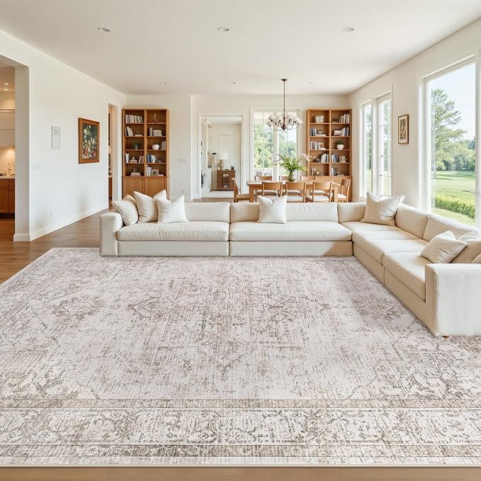 9x12 Washable Area Rugs for Living Room Beige Brown Non-Slip Rug | Vintage Medallion Rug，Soft Low Pile Large Rugs，Indoor Retro Carpet for Bedroom Nursery Dining Table Farmhouse Home Office