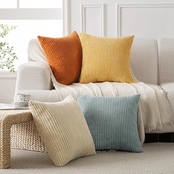 Volcanics Set of 4 Orange Teal Corduroy Couch Throw Pillow Covers 18x18 in | Decorative Modern Farmhouse Striped Cushion Cases, Soft Boho Square Accent Pillow Covers for Home Sofa