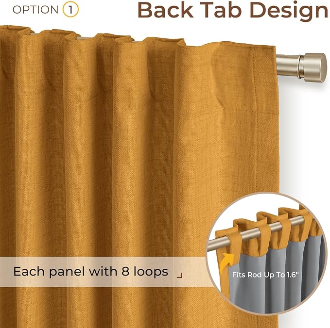 INOVADAY 100% Blackout Linen Curtains for Bedroom 50x84 Dijon Mustard | Linen Textured, Light Blocking, Room Darkening, Thermal Insulated, Back Tab Top, Window Curtains for Living Room, 2 Panels