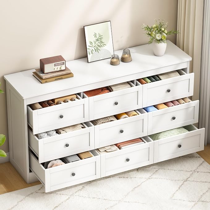 wanan 9 Drawer Dresser for Bedroom, White Modern 59'' Wide Wood Chest of Drawers, Dresser TV Stand, Storage Organizer with Metal Handles for Living Room, Hallway, Entryway