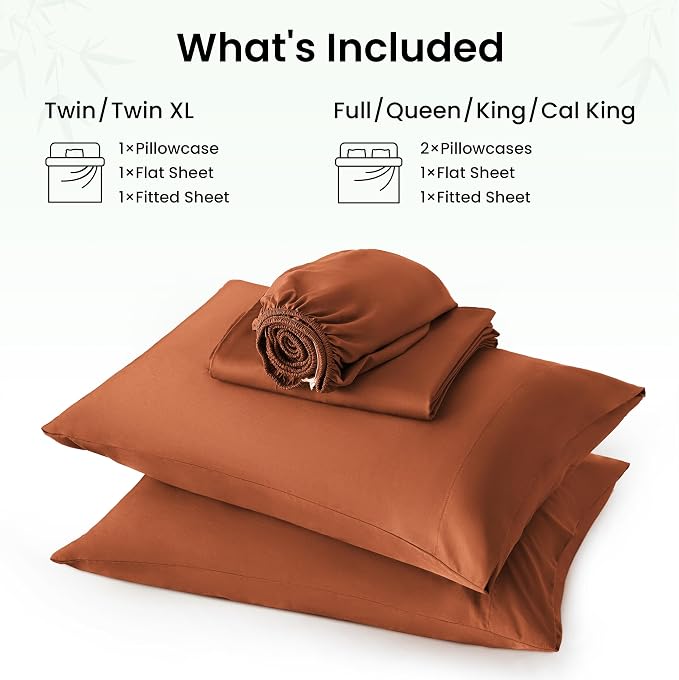 Love's cabin 4 Piece King Size Sheet Set, 100% Rayon Derived from Bamboo, Cooling & Breathable, Soft Silky Deep Pocket up to 16", Hotel Luxury Bedding for Hot Sleepers, Burnt Orange