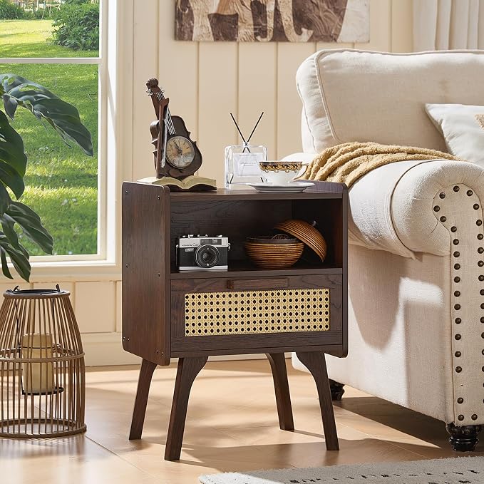 Lerliuo Rattan Nightstands Set of 2, Bedside Table with Drawer Open Shelf | Cane Accent Side End Table with Solid Wood Legs, Walnut Vintage Night Stand for Bedroom, Dorm and Small Spaces