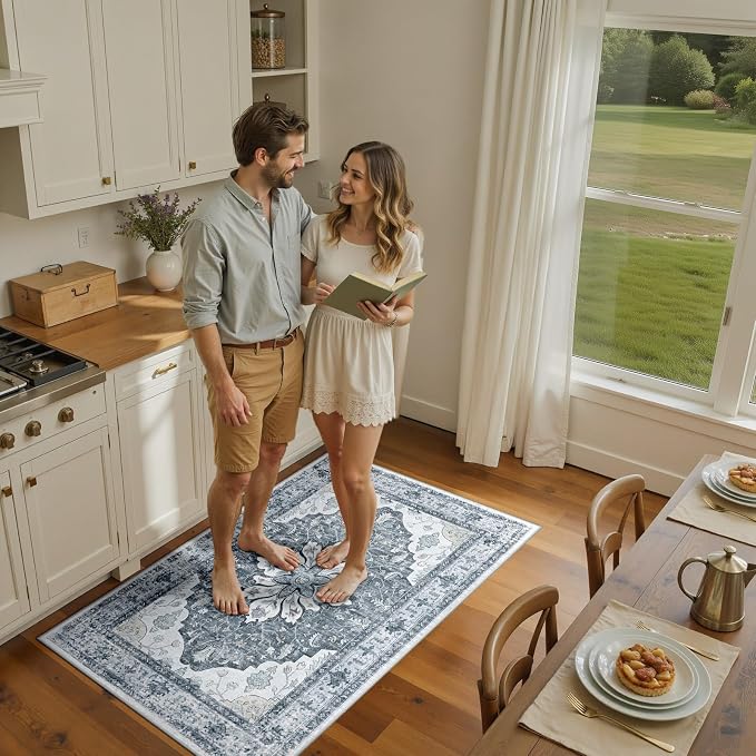 RELEANY Washable Area Rug, 3'x5', Grey/White/Beige | Non-Slip, Water Repellent, Pet Friendly, Easy to Clean, Vintage Floral Boho Decor for Living Room Bedroom Beside Kitchen