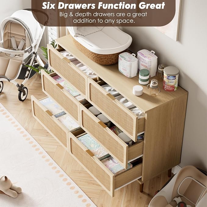 GarveeHome Rattan 6 Drawer Dressers for Bedroom, Deep Drawer, Natural | Tall Dresser, Wide Top, for Living Room, Hallway, Kids Room, Large Chest of Drawers for Closet, Long Wooden Dresser