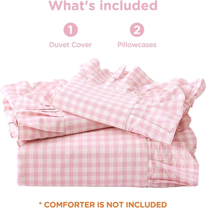 ATsense Pink Gingham Ruffle Duvet Cover Set Cotton Like Linen, Full | 100% Washed Cotton Linen-Like Feel Soft, Breathable & Comfy. Cute Bedding Set with Zipper & 8 Ties. 3 Pcs, No Insert