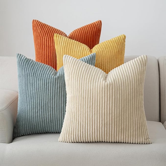Volcanics Set of 4 Orange Teal Corduroy Couch Throw Pillow Covers 18x18 in | Decorative Modern Farmhouse Striped Cushion Cases, Soft Boho Square Accent Pillow Covers for Home Sofa