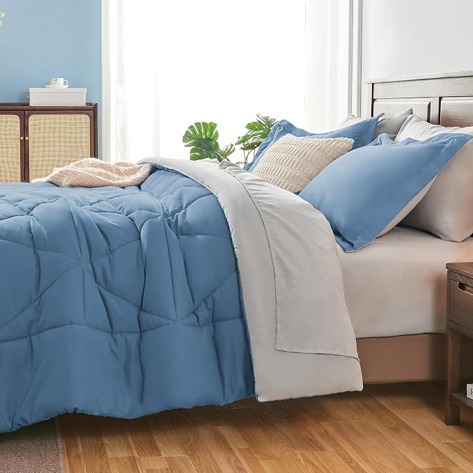 BEDELITE Queen Comforter Set 7 Pieces, Reversible Blue Bed in A Bag | Soft All Season Down-Alternative Comforter, Sheets, Pillowcases & Shams, OEKO-TEX Certified Bedding for Bedrrom, Guest Room