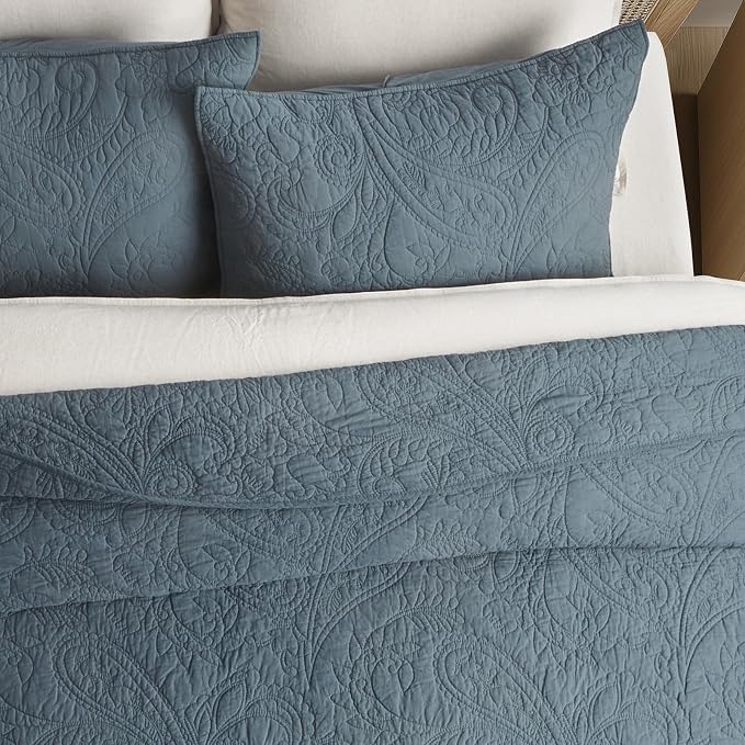 EVERGRACEHOME 100% Cotton Paisley Quilt Set, King Size, Stormy Blue | Prewashed for Softness, Year-Round Breathability, Gift-Ready Box, Matelasse-style Quilted Coverlet, 3 Piece Set with 2 Shams