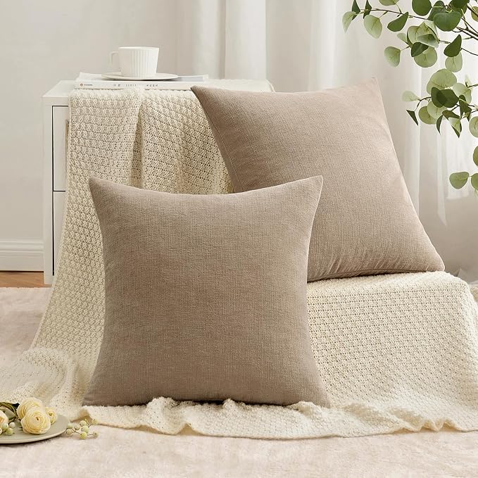 MIULEE Light Brown Chenille Couch Throw Pillow Covers, 18x18 | Set of 2, Modern Farmhouse Rustic Style, Decorative Pillowcases for Sofa Living Room Bed, Home Decor
