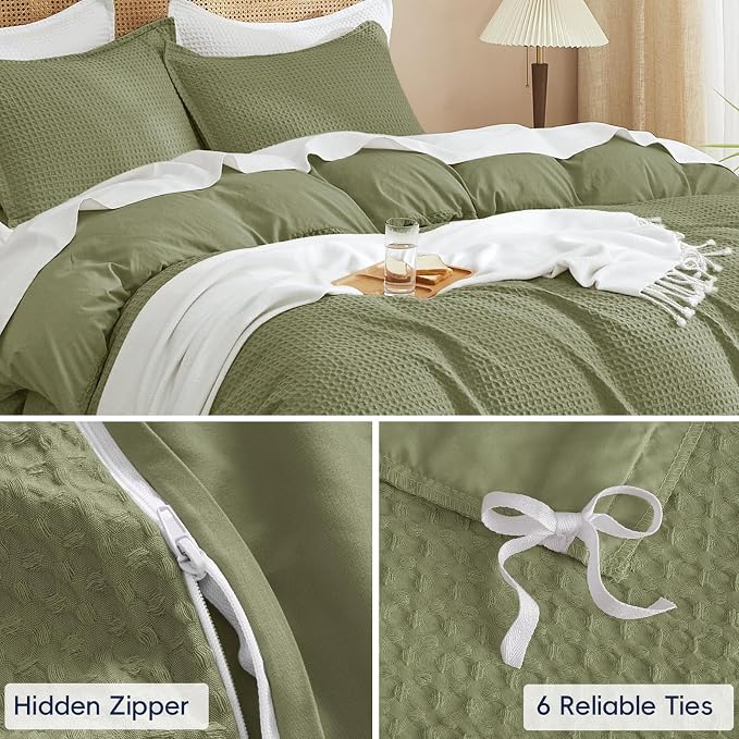 PHF Waffle Duvet Cover California King,Soft Breathable,104"x98",Olive Green | 300GSM Fabrie，No Snagging Textured Honeycomb Comforter Cover for All Season 3pcs, Durable Bedding Duvet Set, Home Decor Gift