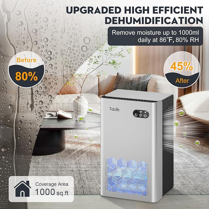 ToLife Dehumidifier, 1000 Sq Ft 95 oz Tank with Sleep Mode, Auto Shutoff | Portable for Home, Bedroom, Bathroom and Basement with 7-Color LED Light, Silver