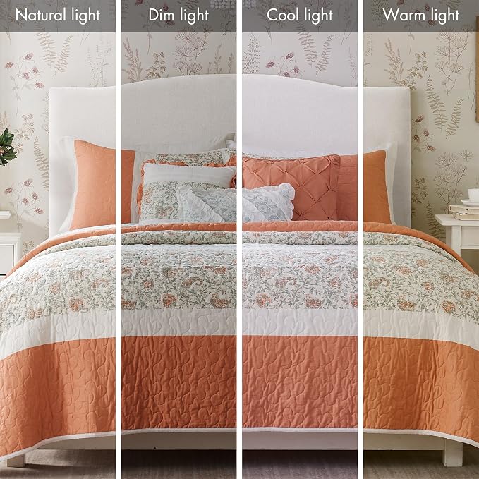 Madison Park 100% Cotton Quilt Set Floral Print, Double Sided Stitching, All Season, Lightweight Coverlet Shabby Chic Bedding Layer, Matching Shams, King/Cal King, Coral 6 Piece | Double-Sided Stitching Floral Design, All Season, with Shams, Bed Skirt,...