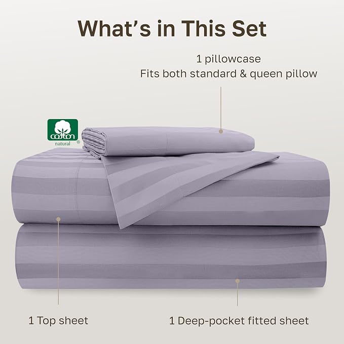 California Design Den 100% Cotton Sateen Twin Size Sheets Set, 3 Pcs | Soft 500 Thread Count Backed by Good Housekeeping Seal, All-Around Elastic, Easy Care, OEKO-TEX certified - Lavender Striped