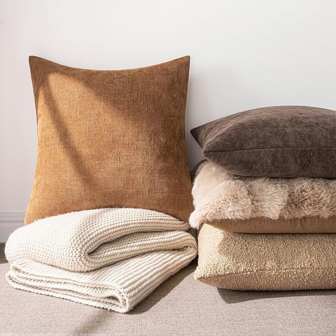 MIULEE Textured Chenille Throw Pillow Covers 18x18 Inch Brown | Pack of 2 Decorative Soft Throw Pillows, Solid Textured Cushion Covers, Modern Home Decor for Couch Sofa Bedroom Living Room