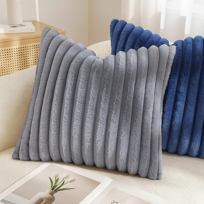 decorUhome Fall Faux Fur Throw Pillow Covers 26x26 Set of 2 Grey | Decorative Soft Cozy Striped Plush Modern Farmhouse Boho Couch Pillow Cases Velvet Back for Sofa Bed Living Room Home Decor