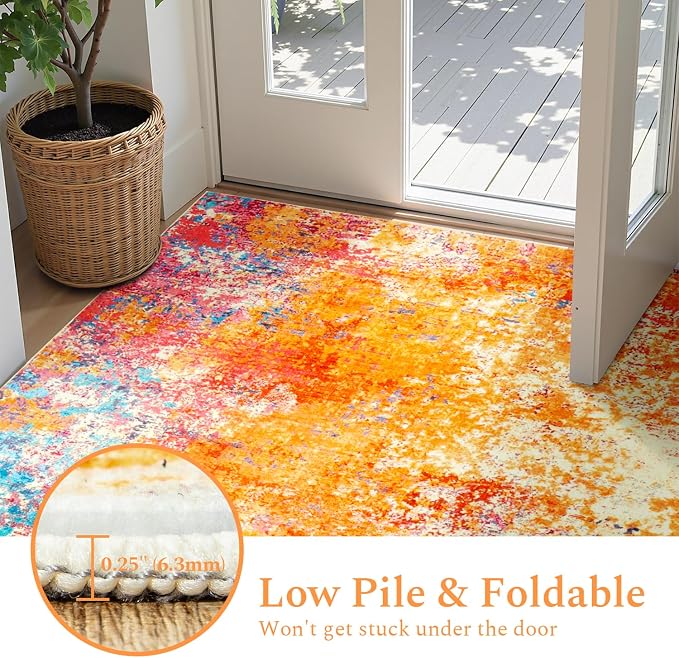 Rugflix 3x5 Entrance Rugs, Washable Colorful Rainbow Entry Small Rug | Machine Washable; Stain-Resistant; Low Pile; Non-Slip; Modern Abstract; Carpet for Entryway Kitchen Hallway Home