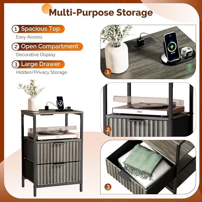 VINGLI Grey Night Stand with Charging Station and Fabric Drawers, Fluted Nightstand Gray with Drawers, Grey Bedside Table/End Table for Bedroom, 14.96" W*11.81" D*23.78" H