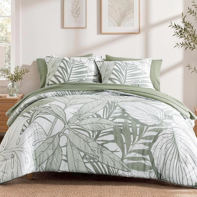 Queen Comforter Set - 7 Pieces Green Jungle Bed in a Bag Queen Bedding Sets | All Season Botanical Tropical Palm Leaf Comforter Set with Sheets, Pillowcases & Shams