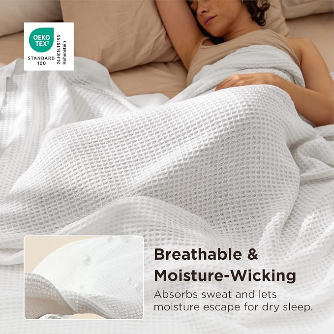Bedsure 100% Cotton Blanket Queen Size for Bed - Cooling Breathable and Soft for Summer, Thick Cozy Waffle Weave Blanket Gifts for Women, White, 90x90 Inches (Pack of 3)