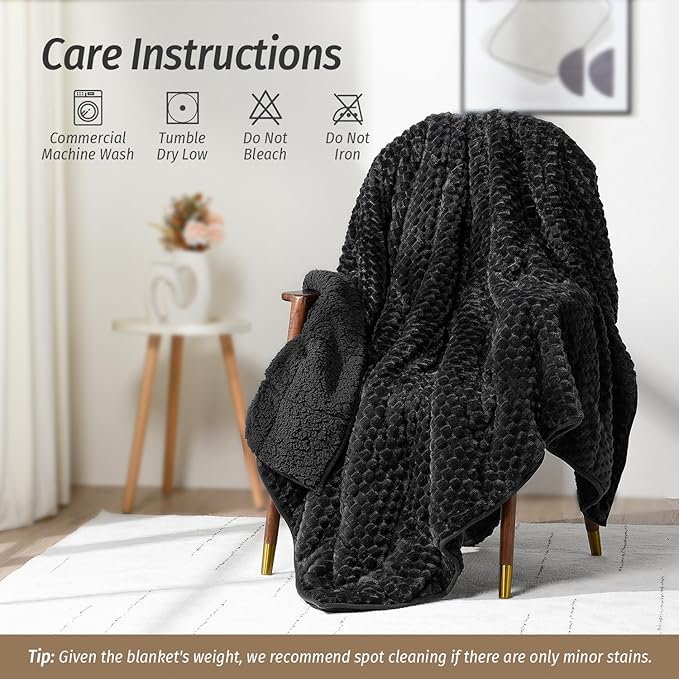 Fleece Weighted Blanket for Adults 60" x 80" 20lbs Fuzzy Blankets Black | Soft Queen Size Sherpa Weighted Blankets, 3D Imitation Turtle Shell Warm Jacquard Flannel Heavy Blanket for Couch and Bed