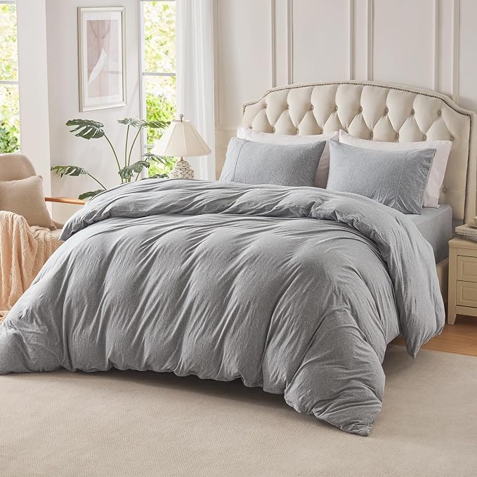 PURE ERA Jersey Knit Sheet Set Heather Light Grey California King | 100% Cotton, 3 Piece Set, T Shirt Soft, Breathable, Envelope Closure Pillowcases, Hidden Zipper, 8 Ties, No Insert, Modern