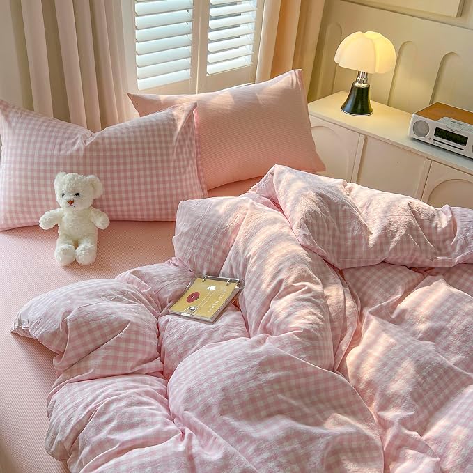 LifeTB Pink Gingham Comforter Set Twin XL Aesthetic Pink White Plaid Checkered Comforter Set 3 Pieces Grid Bedding Comforter with 2 Pillowcases Soft Lightweight Gingham Bedding Set Twin XL