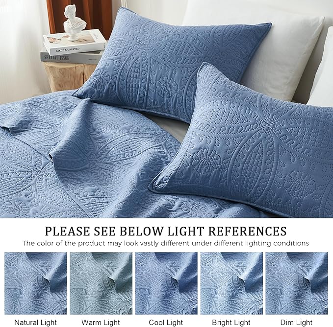 akkialla Queen Quilt Bedding Set,Bluish Grey Ultrasonic Full/Queen Quilt Set,Lightweight Soft Bedspread Coverlet,Modern Style Coin Pattern Bed Cover for All Seasons,3 Piece(1 Quilt,2 Pillow Shams)