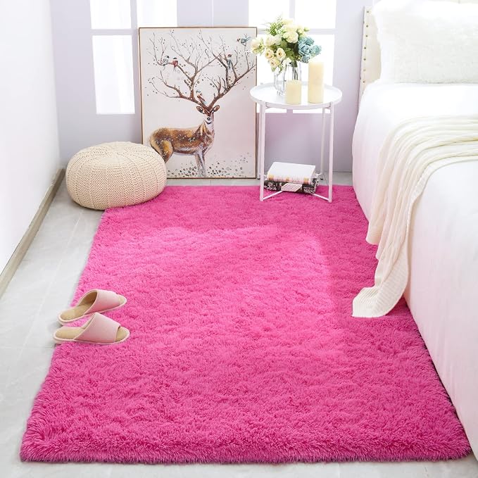 Modern Soft Fluffy Large Shaggy Rug for Bedroom Livingroom Dorm Kids Room Indoor Home Decorative, Non-Slip Plush Furry Fur Area Rugs Comfy Nursery Accent Floor Carpet 4'x6' Hot Pink