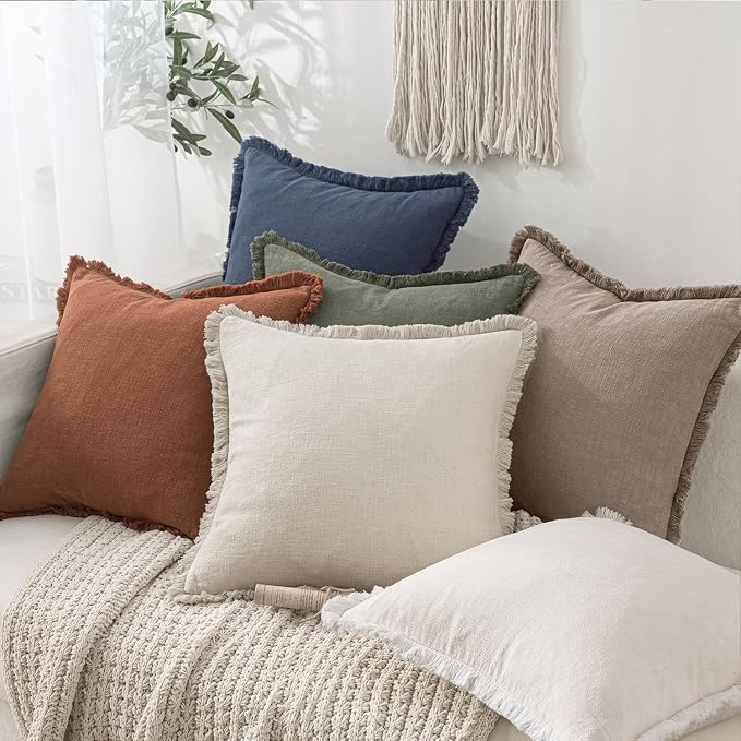 MIULEE Linen Fringe Decorative Fall Euro Throw Pillow Covers Dune 22x22 | Set of 2, Cottagecore Decor, Boho Farmhouse Neutral Pillow Covers, Rustic Fall Couch Cushion Cases for Sofa Bed Living Room