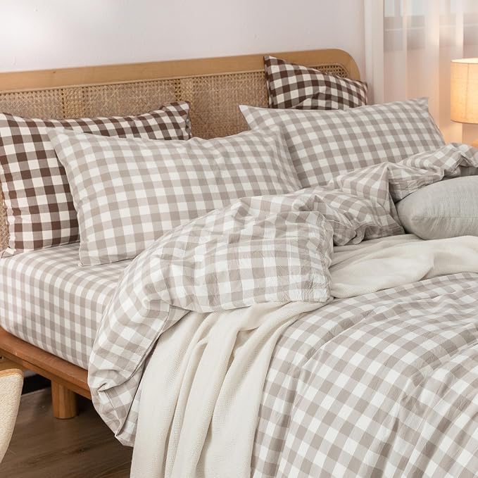 BESTOUCH Gingham Cotton Duvet Cover Set Linen Grey Super King | Washed Cotton, Linen Feel, Soft Wrinkle Texture, Hidden Zipper, 8 Ties, Breathable Lightweight Durable Comfy, 3 Pcs No Insert