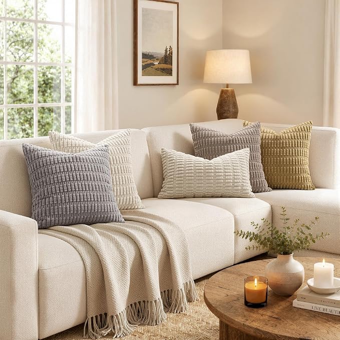MIULEE Euro Sham Corduroy Decorative Throw Pillow Covers 24x24 Cream White | Pack of 2 Soft Boho Striped Pillow Covers Modern Farmhouse Home Decor For Sofa Living Room Couch Bed