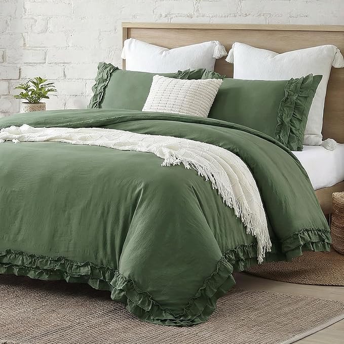 Bedorm Boho Queen Duvet Cover Olive Green Bedding Set Shabby Chic Lace Fringe Ruffle Bedding Super Soft Warm Farmhouse Comforter Cover 3 Pcs Sets
