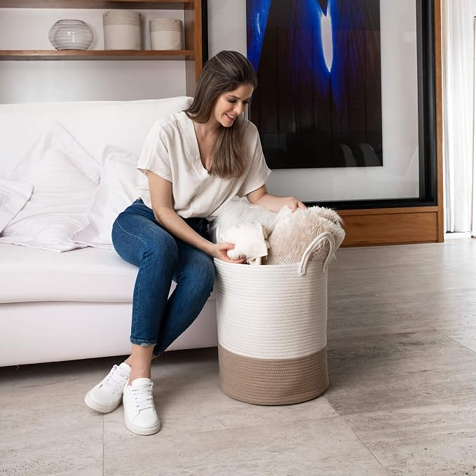 OrganiHaus Tall Cotton Rope Laundry Basket & Hamper, Blanket Storage 52L | Honey / Off-White - Tall Cotton Rope Hamper, 52L
