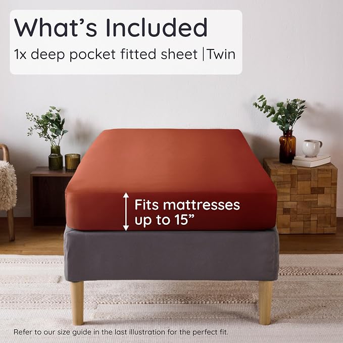 Bambaw 100% Viscose Derived from Bamboo Fitted Sheet Twin Size, Cooling Fitted Sheet Twin Size, 15’’ Deep Pocket, Breathable Bottom Sheets Only (Terracotta)