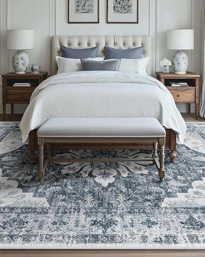 RELEANY Washable Area Rug, 8'x10', Grey/White/Beige | Non-Slip, Water Repellent, Pet Friendly, Easy to Clean, Vintage Floral Boho Decor for Living Room Bedroom Dining Room