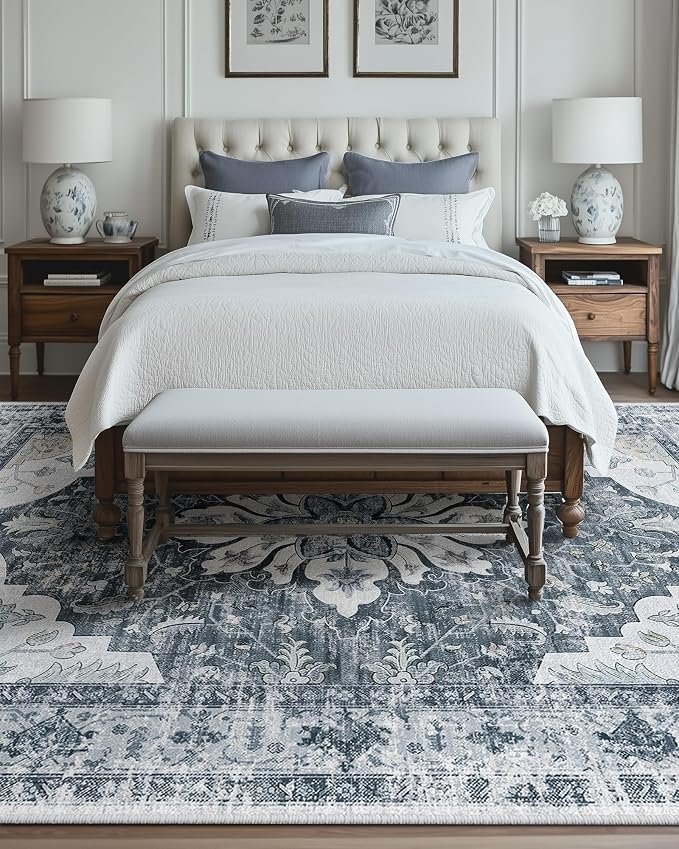 RELEANY Washable Area Rug, Large 9'x12', Grey/White/Beige | Non-Slip, Water Repellent, Pet Friendly, Easy to Clean, Vintage Floral Boho Decor for Living Room Bedroom Dining Room
